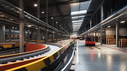 Poster - A red automated guided vehicle (AGV) moves along a conveyor belt system in a modern warehouse.