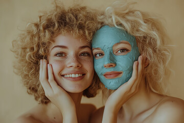 Portrait of two women with curly hair and blue clay masks on their faces