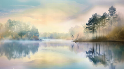 Wall Mural - Foggy morning over the lake, pastel shades
