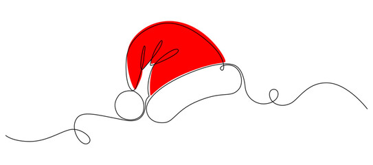 One continuous line drawing of christmas Santa Claus hat. Nicolas red cup in simple linear style. Elegance logo editable stroke. Doodle vector illustration