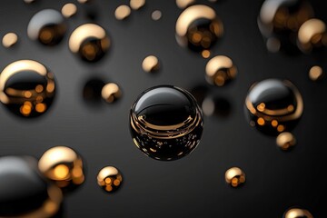Wall Mural - Black and gold spheres floating on a dark surface, creative abstract design.