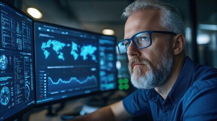 Poster - A dedicated professional examines data visualizations on multiple screens filled with graphs and maps, concentrating intently in a sleek, dimly lit office during the evening