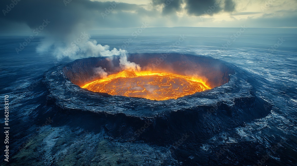 Aerial view of caldera formed by a massive eruption surrounded by ...
