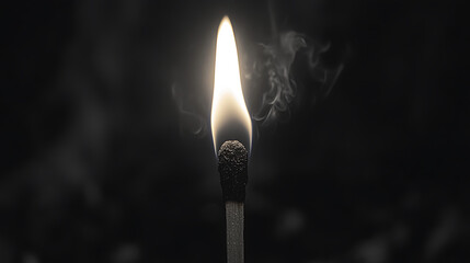 lit matchstick emits bright flame, surrounded by wisps of smoke, creating dramatic black and white image. contrast highlights delicate details of match