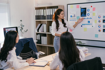 Aufkleber - During a business meeting, asian businesswomen analyze financial data displayed on charts, fostering collaboration and strategic decision-making
