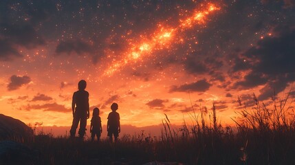 Wall Mural - early human family watching sky in awe as glowing celestial bodies pass overhead triggering fear and