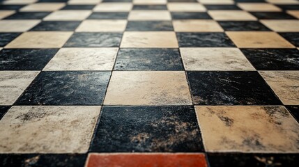 Worn black and white checkered floor with a red line.