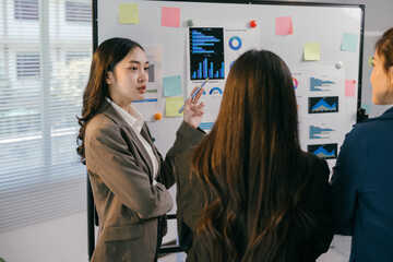 Wall Mural - Businesswomen are having a discussion about charts and graphs displayed on a whiteboard, collaborating and analyzing data during an office meeting