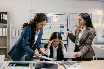 Poster - Two angry businesswomen scolding and arguing with their stressed colleague about paperwork and bad results in the office