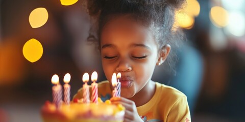 Sticker - A young girl blowing out candles on a birthday cake. The candles are lit and the girl is focused on them