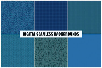 Poster - Collection of vector seamless geometric patterns. Striped blue abstract digital technology endless backgrounds. Creative minimalistic prints with small ornament. Detail material textures