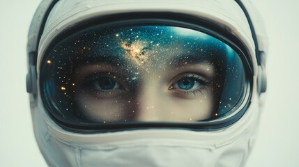 Wall Mural - Close-up of an astronaut's helmet reflecting a starry galaxy, focusing on the eyes of the person inside