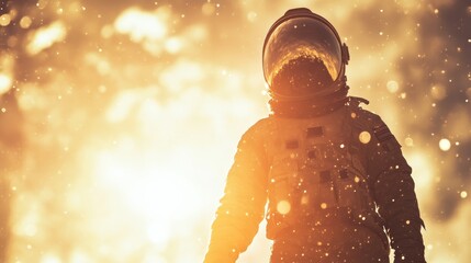 Wall Mural - An astronaut stands in sunlight, surrounded by a warm, glowing atmosphere with soft particles floating in the air