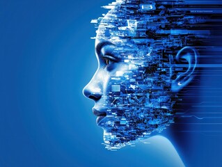 A Futuristic Woman Merges with Technology Illustrating the Seamless Integration of Human Intelligence and Digital Innovation in a Connected World