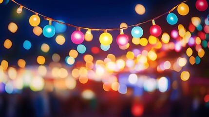 Poster - A vibrant, colorful carnival lights at dusk with a clear area for text 