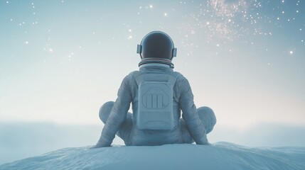 Wall Mural - A minimalistic image of a person in a spacesuit sitting on a snowy surface, gazing at a starry sky