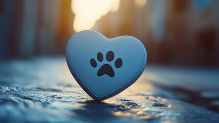 A heart-shaped symbol with a paw print, positioned on a textured surface, illuminated by soft, warm light in the background