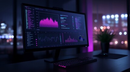 Poster - Monitor displaying vibrant data visualization in a modern workspace at night. Blue and pink hues enhance the technological atmosphere, ideal for professionals focused on data analysis and innovation.
