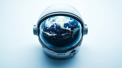 Wall Mural - A close-up view of an astronaut helmet reflecting Earth, with a minimalistic background emphasizing the planet's beauty