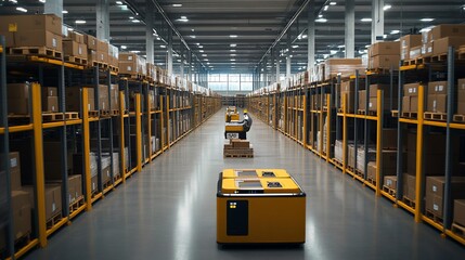 Aufkleber - A wide shot of a modern warehouse with rows of shelves stacked with boxes.  There are two yellow autonomous robots in the middle of the aisle.