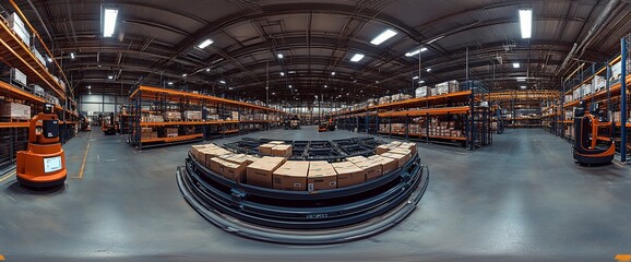 Aufkleber - a wide view of a large warehouse with shelves stacked high with boxes. a forklift is parked in the c