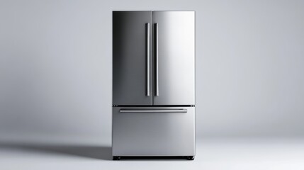 Sleek stainless steel refrigerator, isolated; modern design Use light palette 