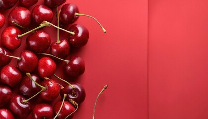 Wall Mural - Vibrant Fresh Cherries with Glossy Skin and Stems Spread Across a Bold Red Background, Offering Copy Space for Food Advertising, Health Campaigns, and Summer Themed Design Concepts