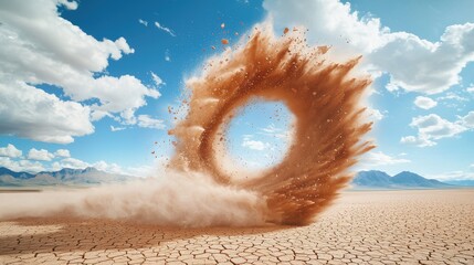 Poster - A swirling dust devil dances across a parched landscape, picking up sand and debris in its wake, showcasing the raw power of wind in arid environments.