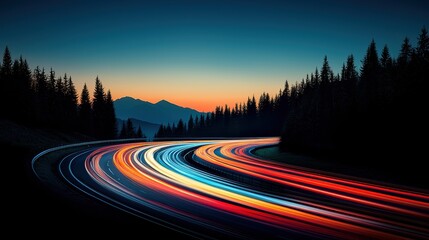 Poster - Long exposure photograph of car headlights and taillights streaking across a highway at night, creating a mesmerizing tapestry of light and motion.