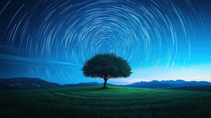 Poster - A long exposure photograph of the night sky, star trails forming concentric circles around the celestial pole, highlighting the Earth rotation and the vastness of the universe.