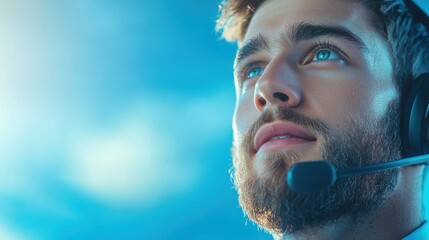 Poster - A customer support representative wearing a headset, talking to a customer on the phone and providing helpful solutions.