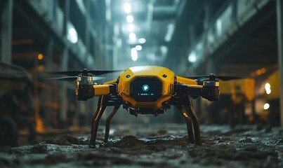 Poster - A yellow drone with black propellers sits on a dirt floor in a warehouse.