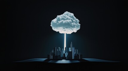 A mushroom cloud rising above a city skyline, casting a long shadow and symbolizing the devastating power of atomic weapons.