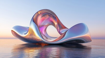 3D rendering of a wavy metallic iridescent shape reflecting over water designed as a modern unique wallpaper