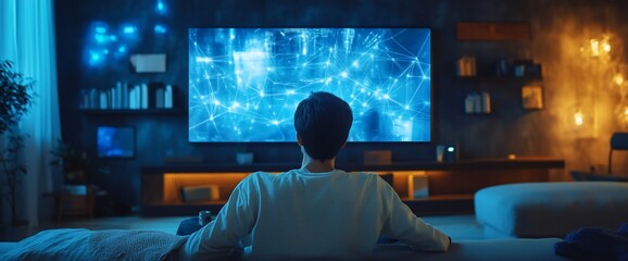 Aufkleber - A young man sits on a couch watching a large screen TV with a digital interface.