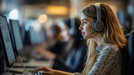 Poster - A young woman wearing a headset and looking focused, works at her computer in an office setting.