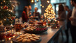 © pilipphoto - Christmas holiday party with people gathered around a decorated table with festive snacks, drinks, and Christmas tree