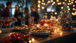 © pilipphoto - Christmas holiday party with people gathered around a decorated table with festive snacks, drinks, and Christmas tree