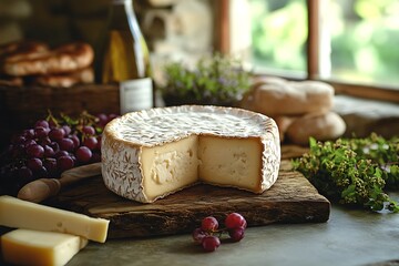 Rustic cheese board with brie, grapes and wine