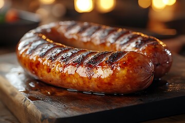 Two grilled sausages on a wooden board, ready to enjoy.