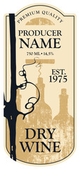 Wall Mural - Vector wine label with grapevine, grape leaf and bottles with  corkscrew and calligraphic inscription in retro style in figured frame.