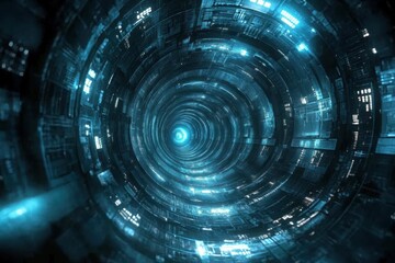 Poster - Mystical tunnel of swirling blue light and digital patterns in a futuristic cityscape