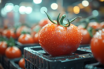 Close-up of a fresh, ripe tomato with water drops.