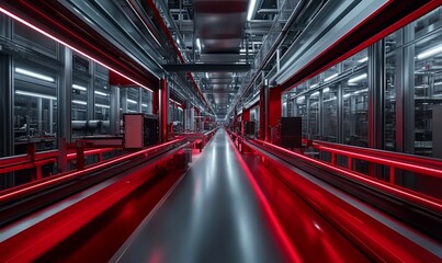 Aufkleber - An empty industrial corridor with red lighting.