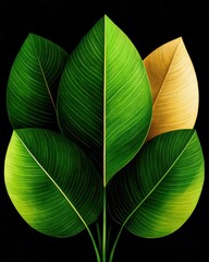 Wall Mural - A collection of various green leaves with a hint of golden hue, set against a dark background, showcasing nature's beauty and diversity.