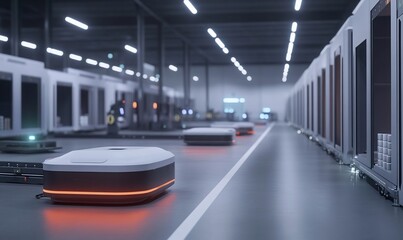 Aufkleber - automated warehouse with robots moving along a white line on the floor, a row of storage units in th