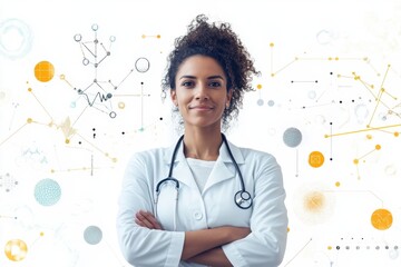 Poster - Confident female scientist in a lab coat surrounded by abstract scientific elements and data