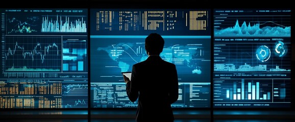 Poster - Businessperson standing in front of large screens displaying data and a world map.