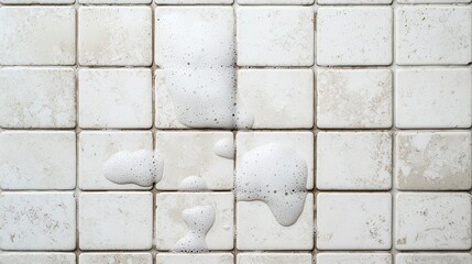 Dirty bathroom tiles with soap bubbles and hard water stains