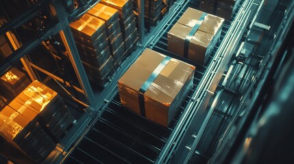 Aufkleber - Cardboard boxes on a conveyor belt in a warehouse.